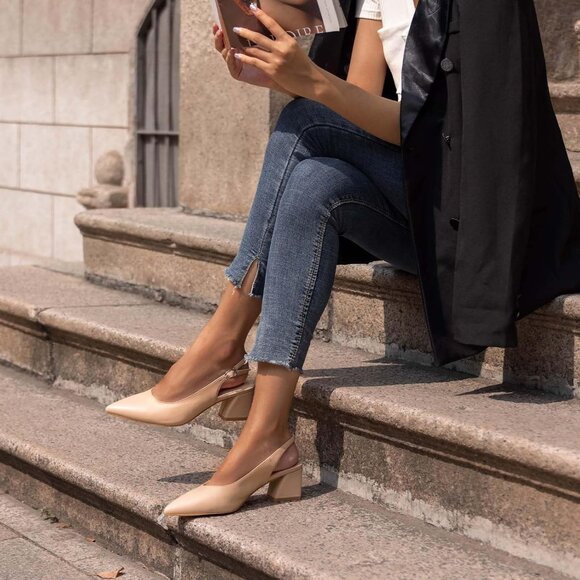 Women Slingback Nude Toe Block Heel Pump Low Heel Office Wedding Dress Shoes - Picture 6 of 6